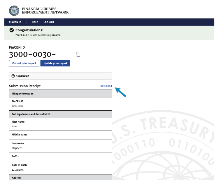 FinCEN submission receipt