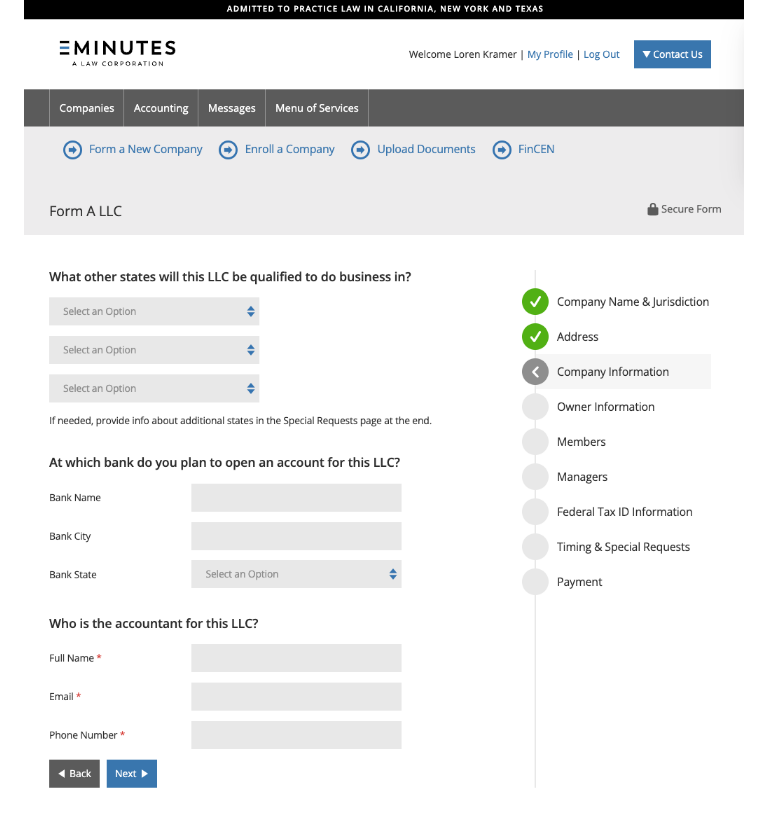 Form LLC - Qualification and CPA screen