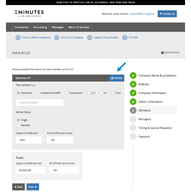 Form LLC - Add Members screen