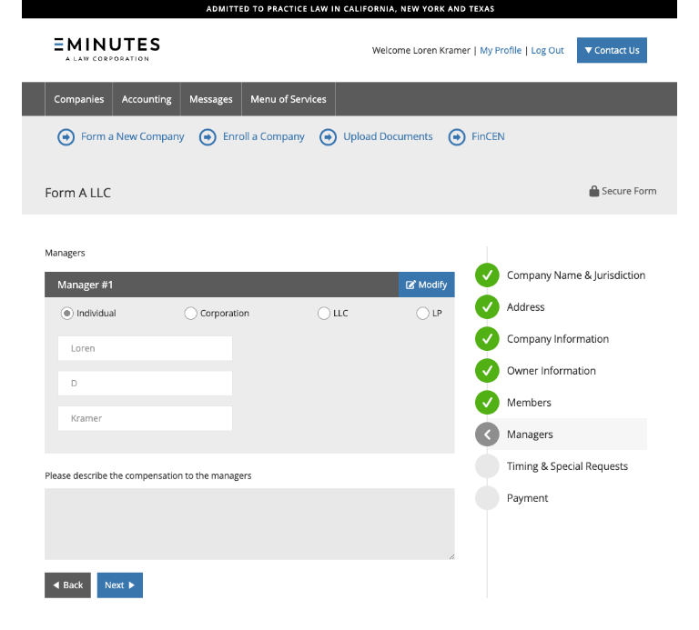 Form LLC - Add Managers screen