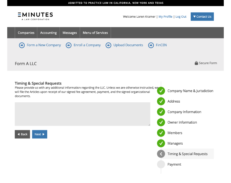 Form LLC - Timing and Special Requests